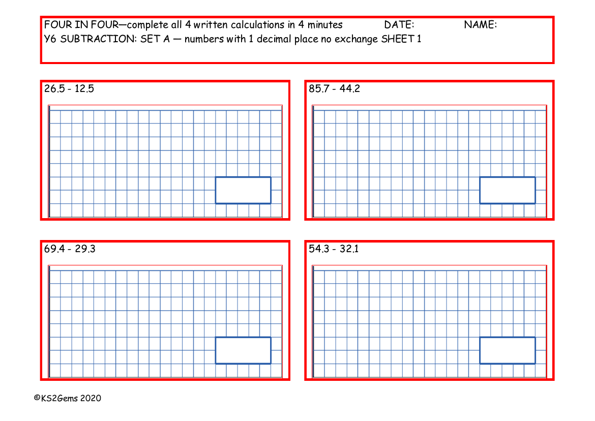 Four in Four - Subtraction Set A - numbers with 1 decimal place no exchange