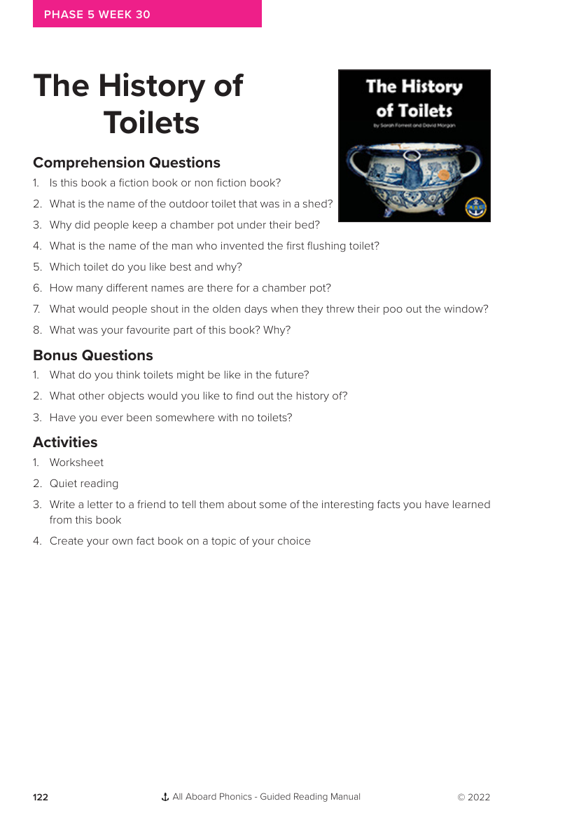 Week 30, Guided Reading "The History of Toilets" - Phonics Phase 5 - Worksheet