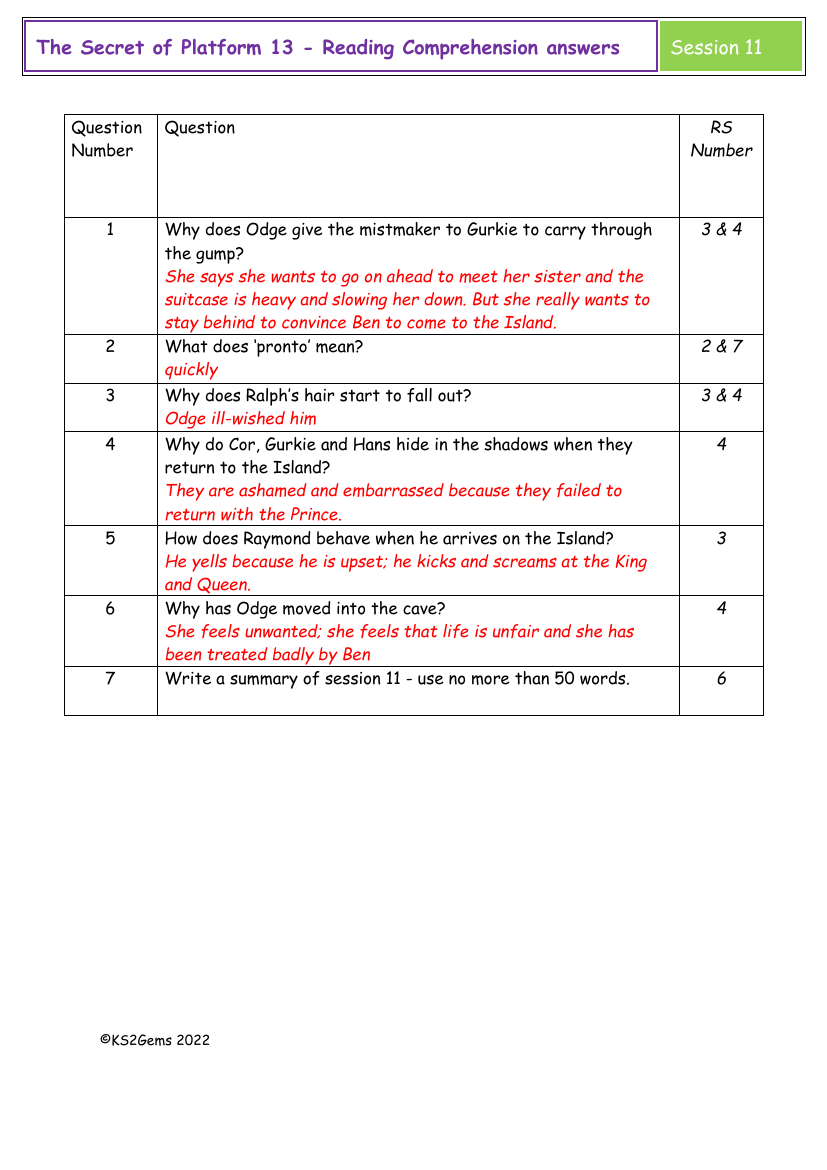 The Secret of Platform 13 - Session 11 - Reading Comprehension answers