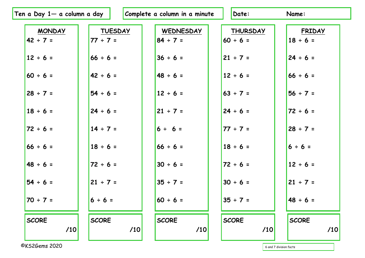 Ten a Day 6 and 7 Division Facts