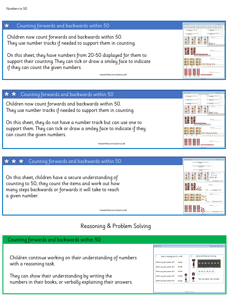 Place value - Count forwards and backwards within 50 - Worksheet