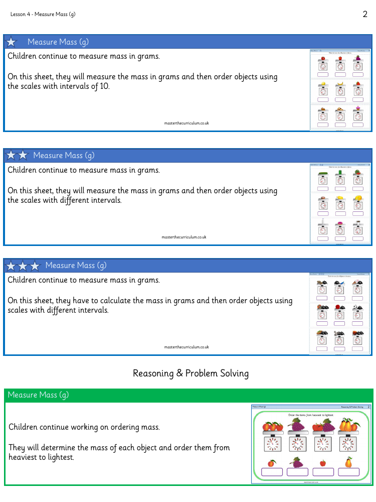 Mass, Capacity, Temperature - Measure mass g - Worksheet