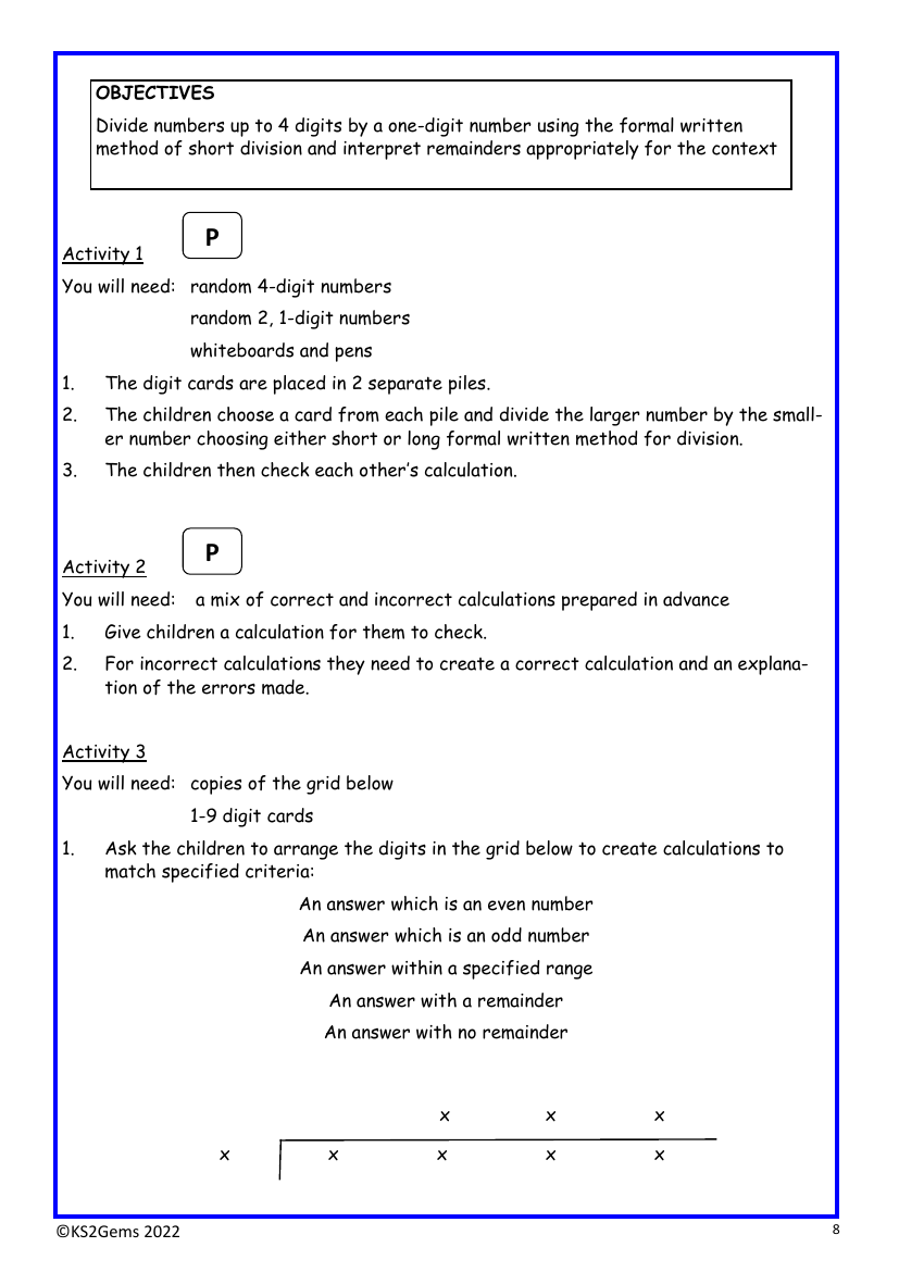 Short division worksheet