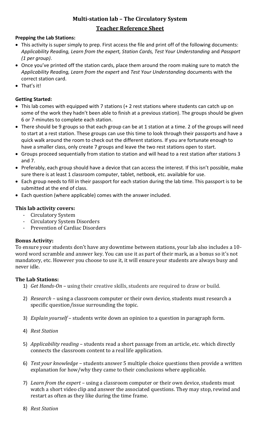 Circulatory System - Activity Instructions | Science 7th Grade