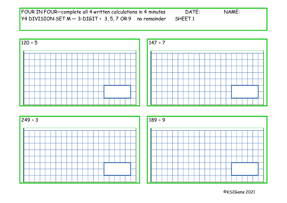 Four in Four -  Division Set M 3 digit number - 3, 5, 7 or 9 no remainder