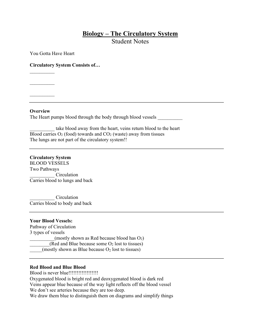 Human Body Systems - Circulatory System Student Lesson Outline