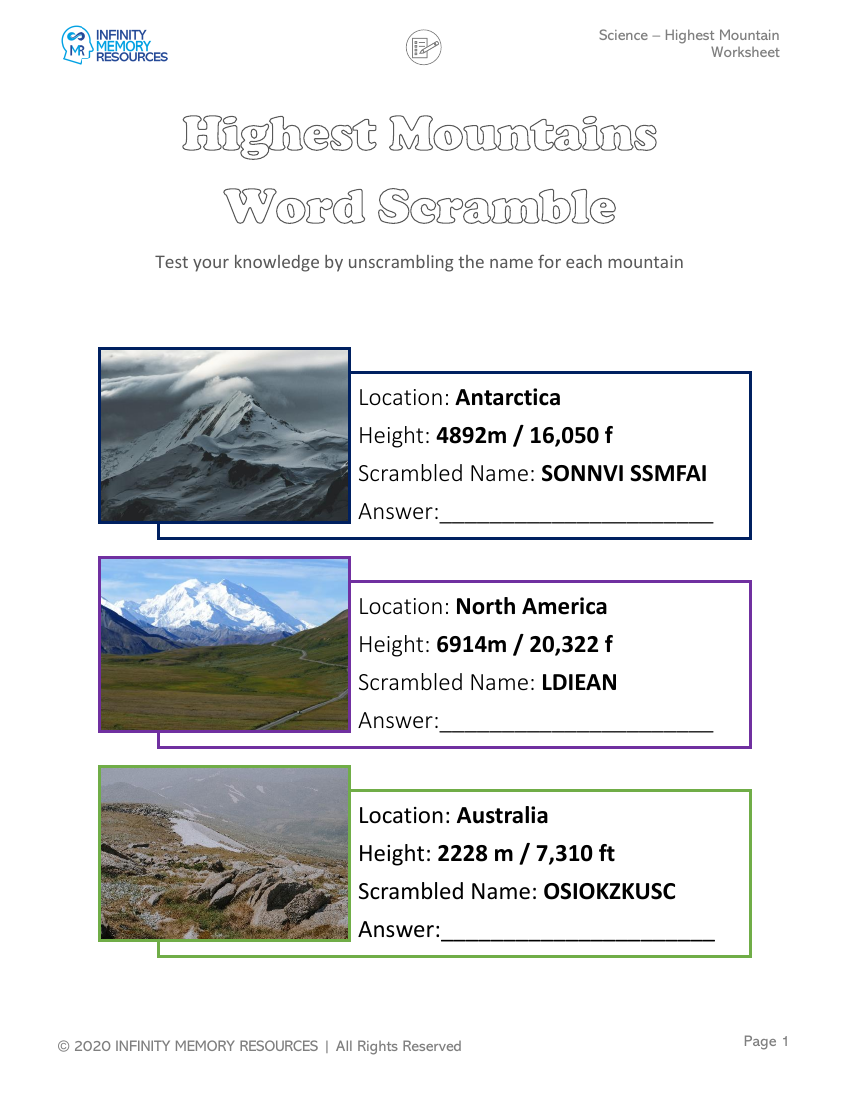 Highest Mountain Worksheet Pango