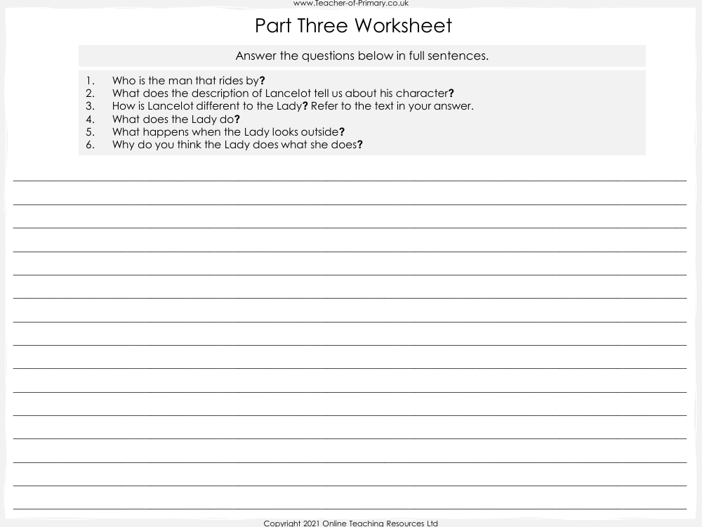 The Lady of Shalott - Lesson 5 - Part Three Worksheet