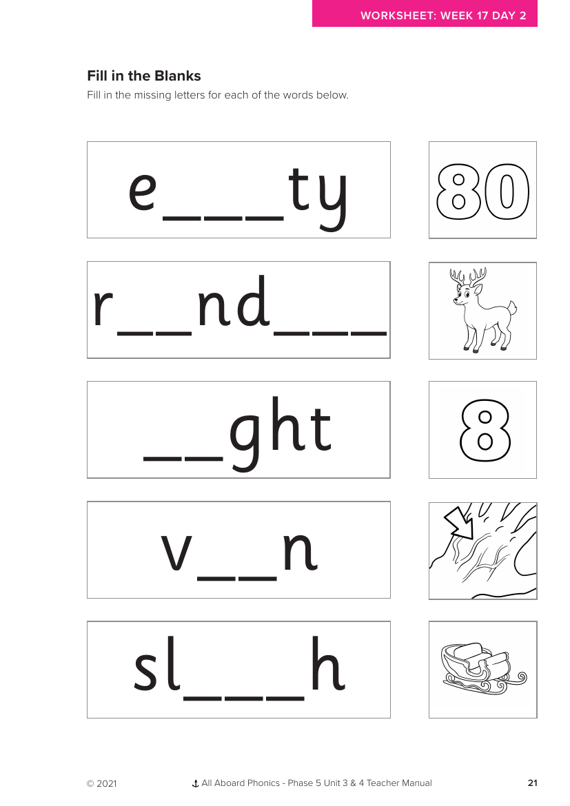 Week 17, lesson 2 Fill in the Blanks activity - Phonics Phase 5, unit 3  - Worksheet