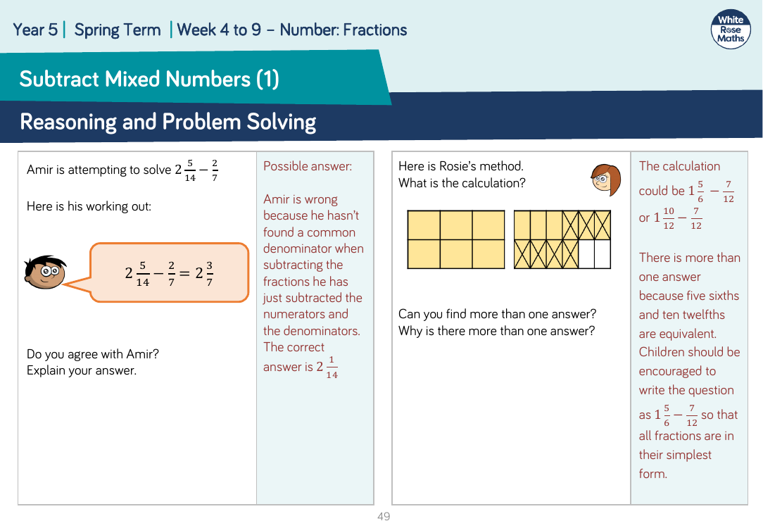 Subtract Mixed Numbers (1): Reasoning and Problem Solving