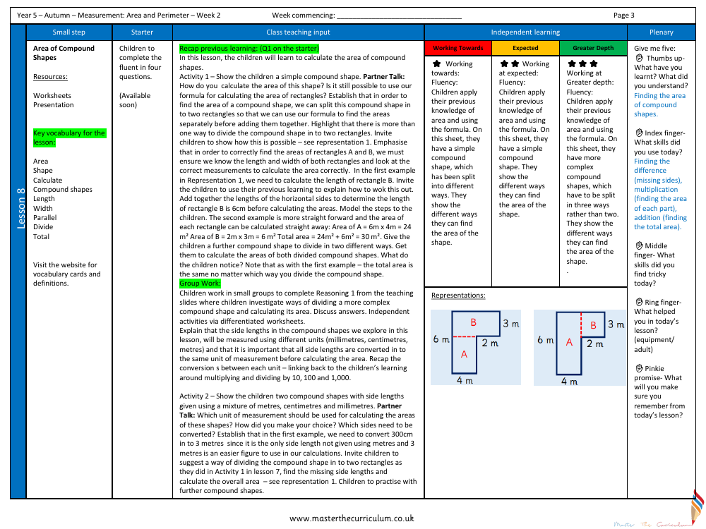 Perimeter and Area - Area of Compound Shapes - Planning