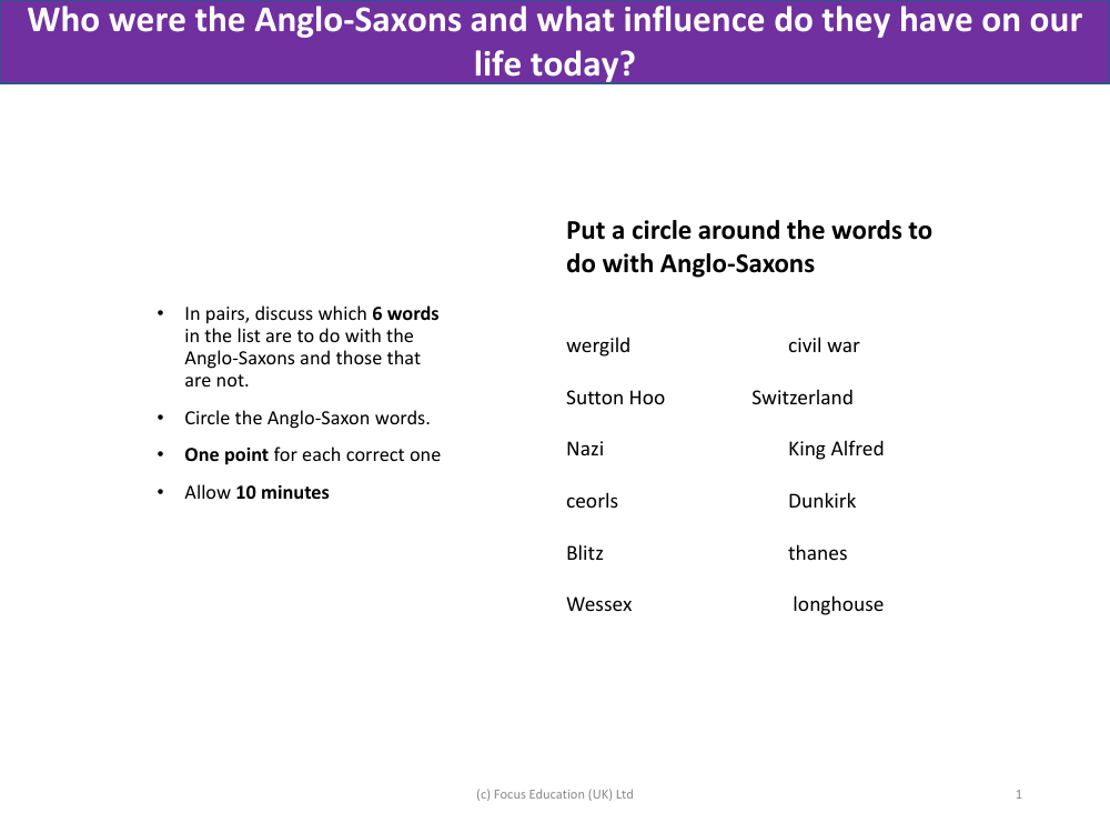 Put a circle around words to do with Anglo-Saxons - Anglo-Saxons - Year 5