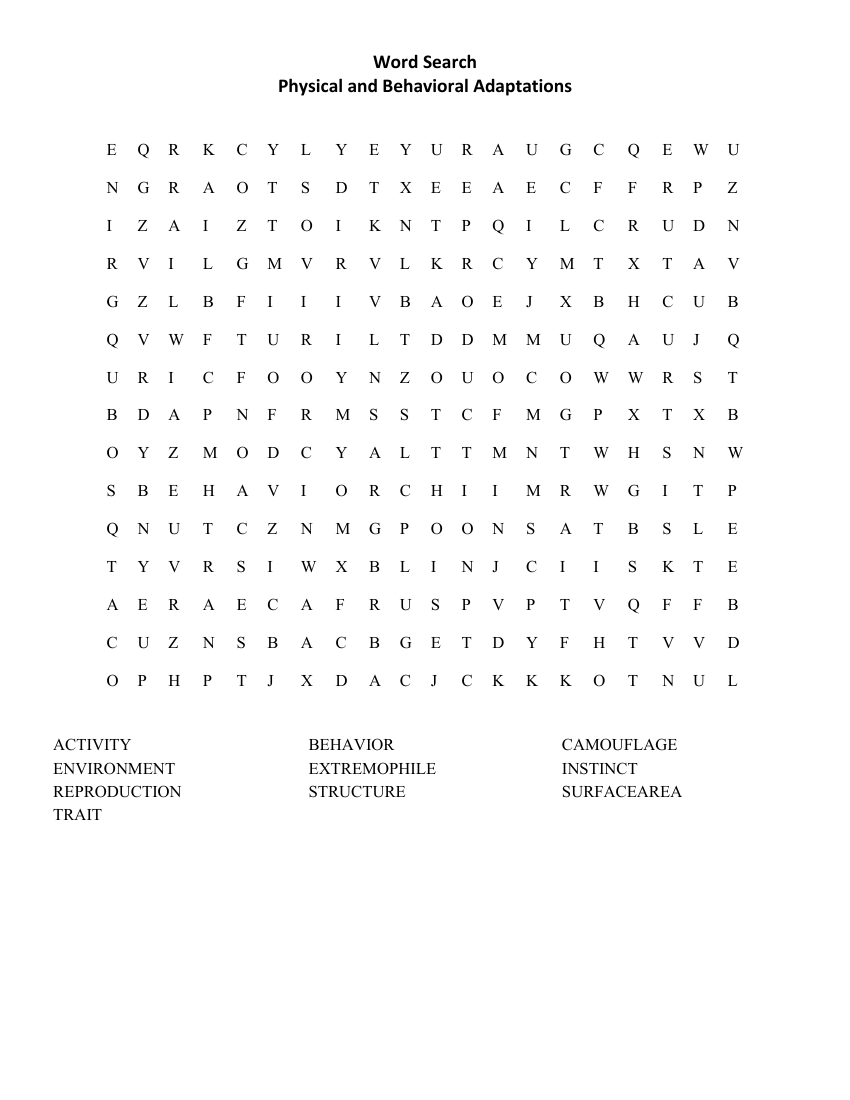 Physical and Behavioral Adaptations - Word Search