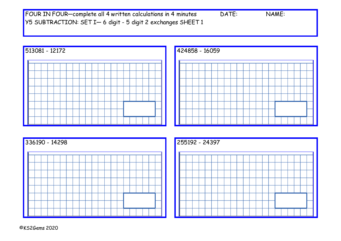 Four in Four Subtraction Set I - 6d - 5d 2 exchanges