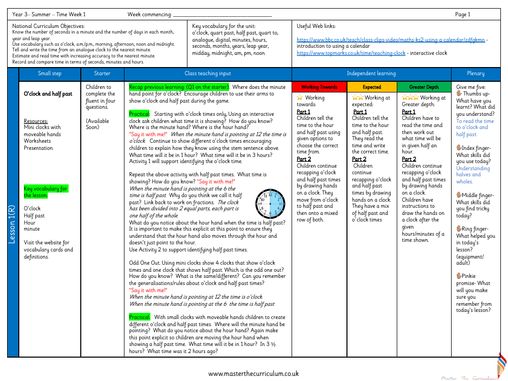 Time - O'clock and half past - Planning