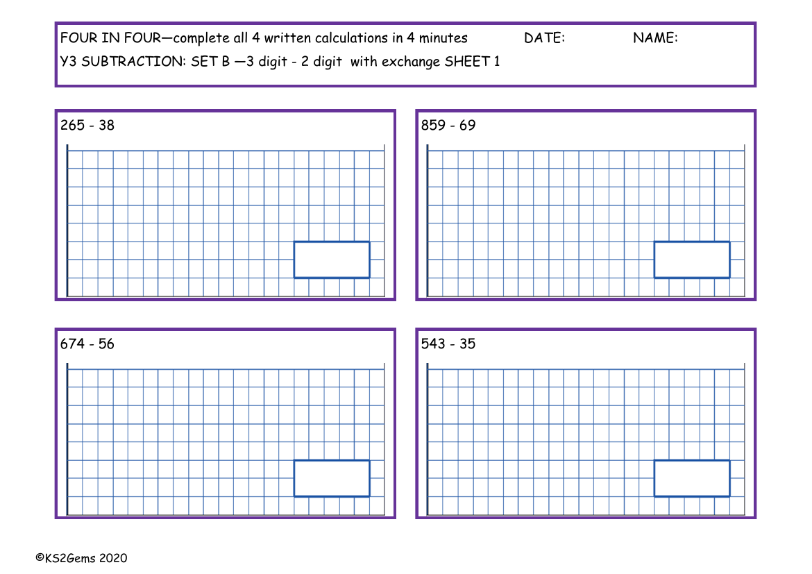 Four in Four - Subtraction Set B - 3d - 2d with exchange