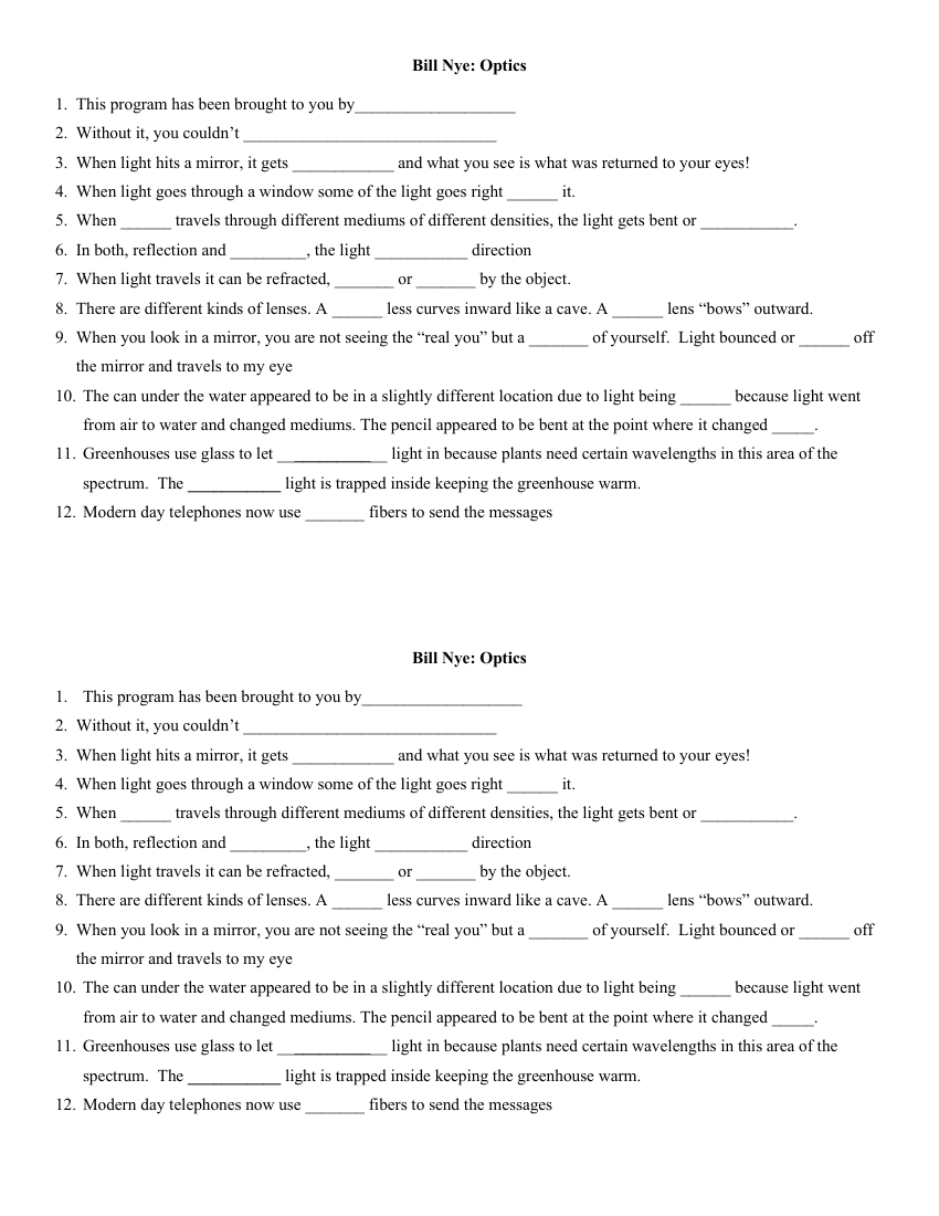 Bill Nye - Optics Worksheet with Answers