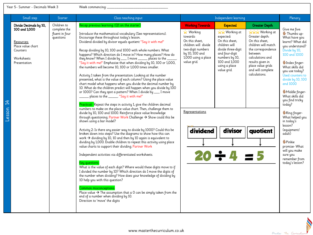 Decimals - Divide Decimals by 10, 100 and 1,000 - Planning