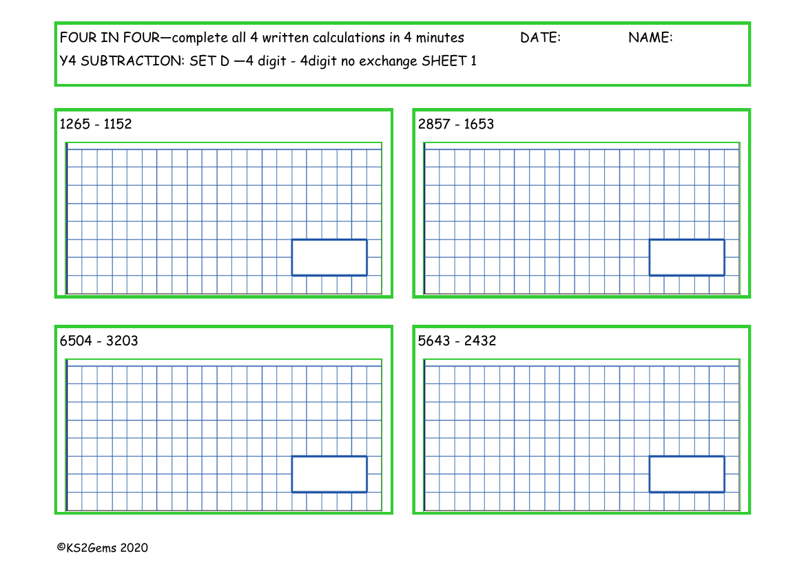 Four in Four -  Subtraction Set D - 4d - 4d no exchange