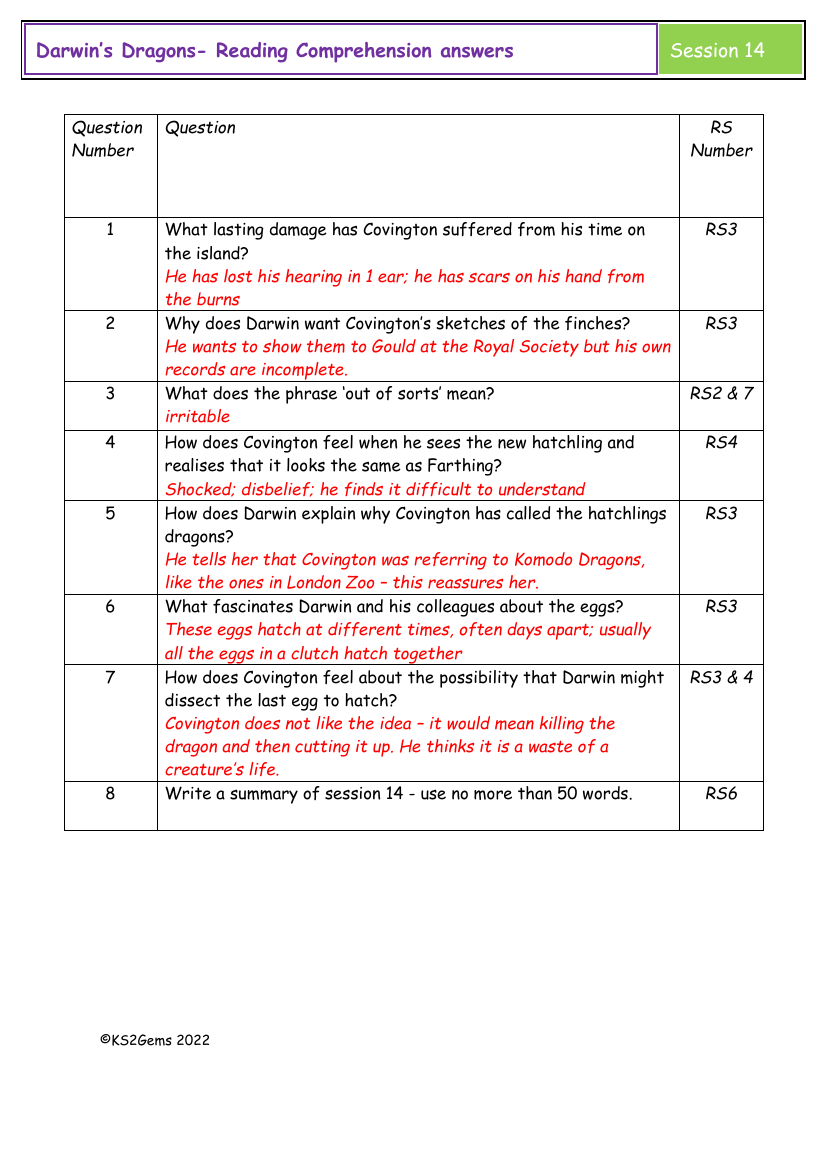 Darwin's Dragons - Session 14 - Reading Comprehension answers