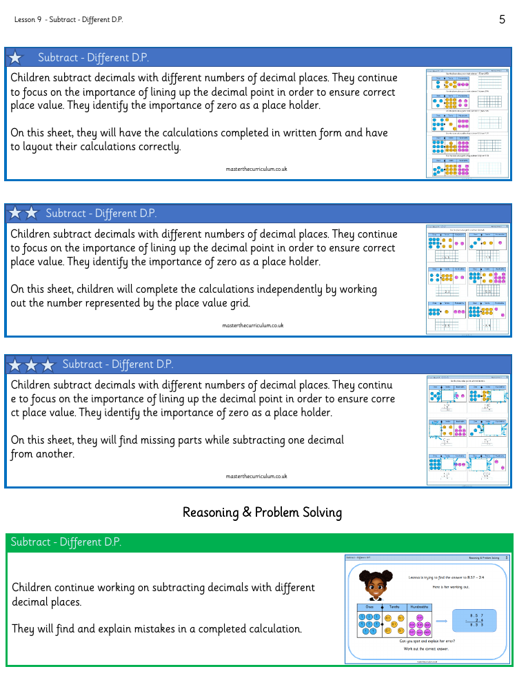 Decimals - Subtract Decimals with Different Decimal Places - Worksheet