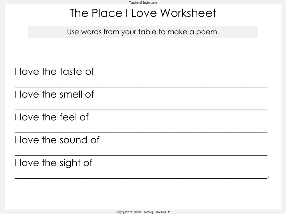 Using The Senses Lesson 5 Your Poem Worksheets English Year 1