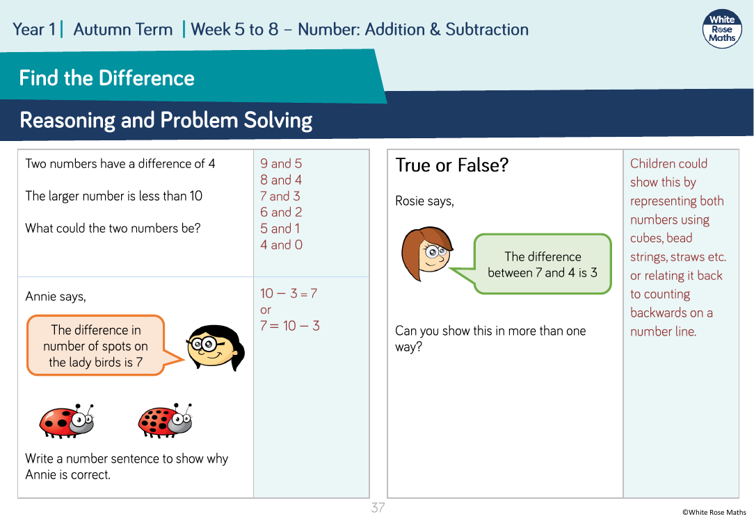 subtraction reasoning and problem solving year 1