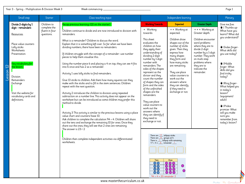 Multiplication and division - Divide two digits by one digit remainders - Planning
