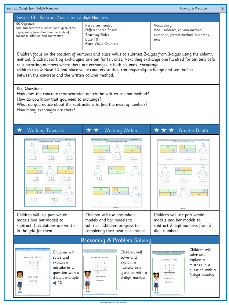 Addition and subtraction - Subtract a two-digit number from a ​three-digit number crossing 10 or 100​ - Worksheet