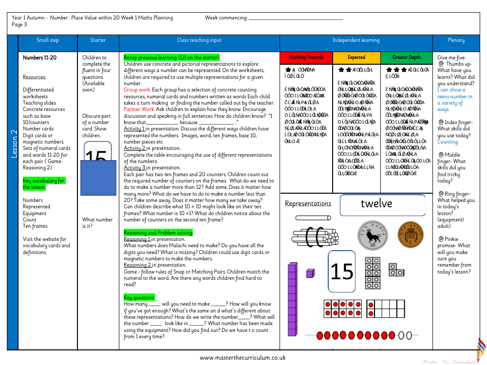 Place Value within 20 - Numbers from 11 to 20 - Planning