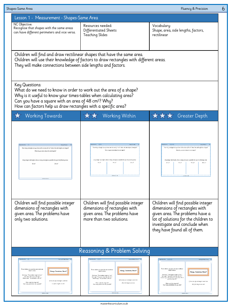 Perimeter, Area and Volume - Shapes- Same Area - Worksheet