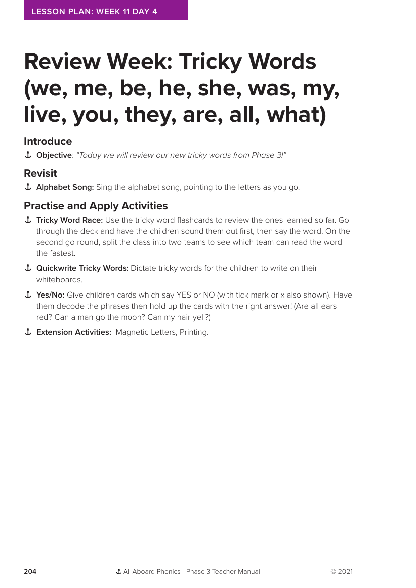 Week 11, lesson 4 Review Week: Tricky Words (we,me,be,he,she,was,my,live,you,they,are,all,what) -  Phonics Phase 3 - Lesson plan