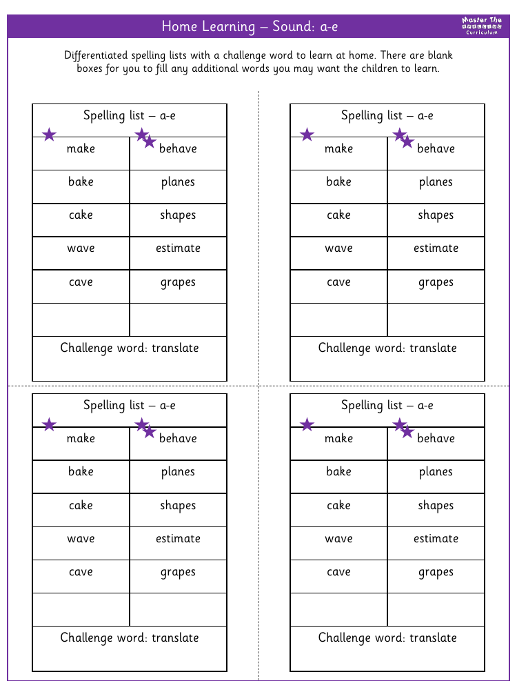 Spelling - Home learning - Sound a-e