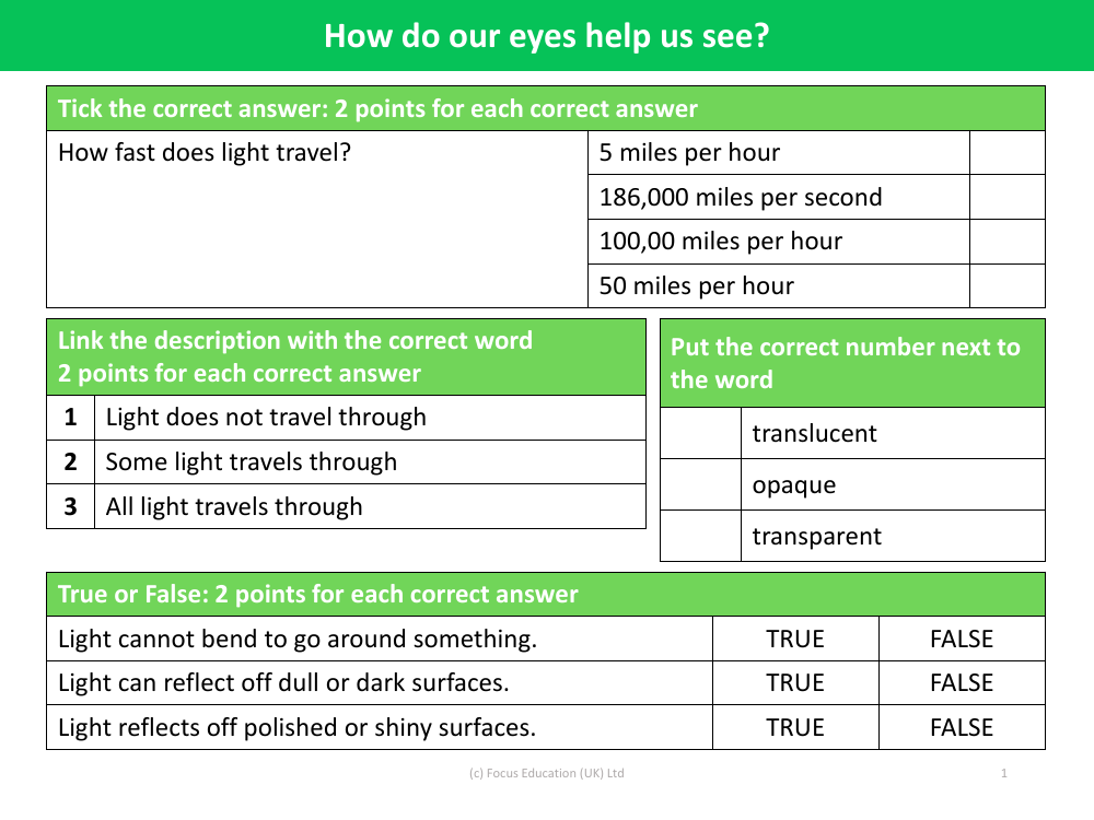 How do our eyes help us see? - Tick the correct answer - Light - Year 6