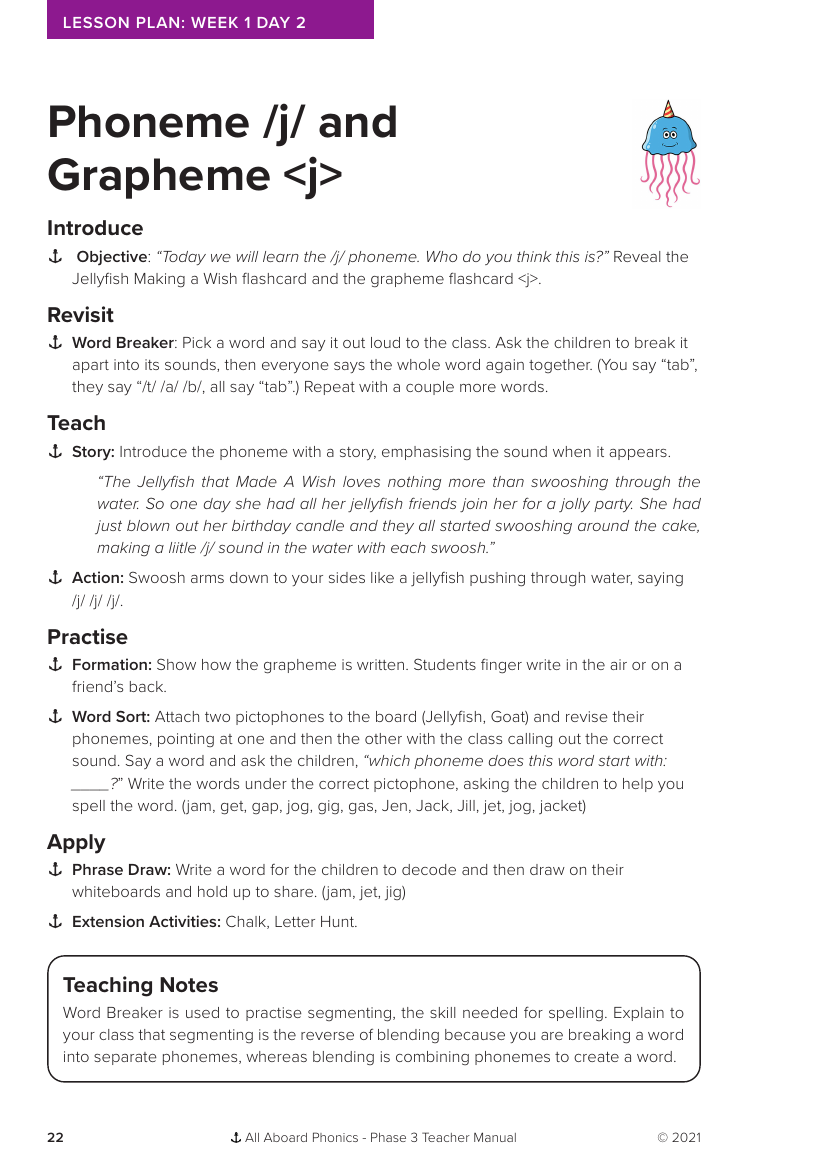 Week 1, lesson 2 Phoneme "j" and Grapheme "j" - Phonics Phase 3 - Lesson plan