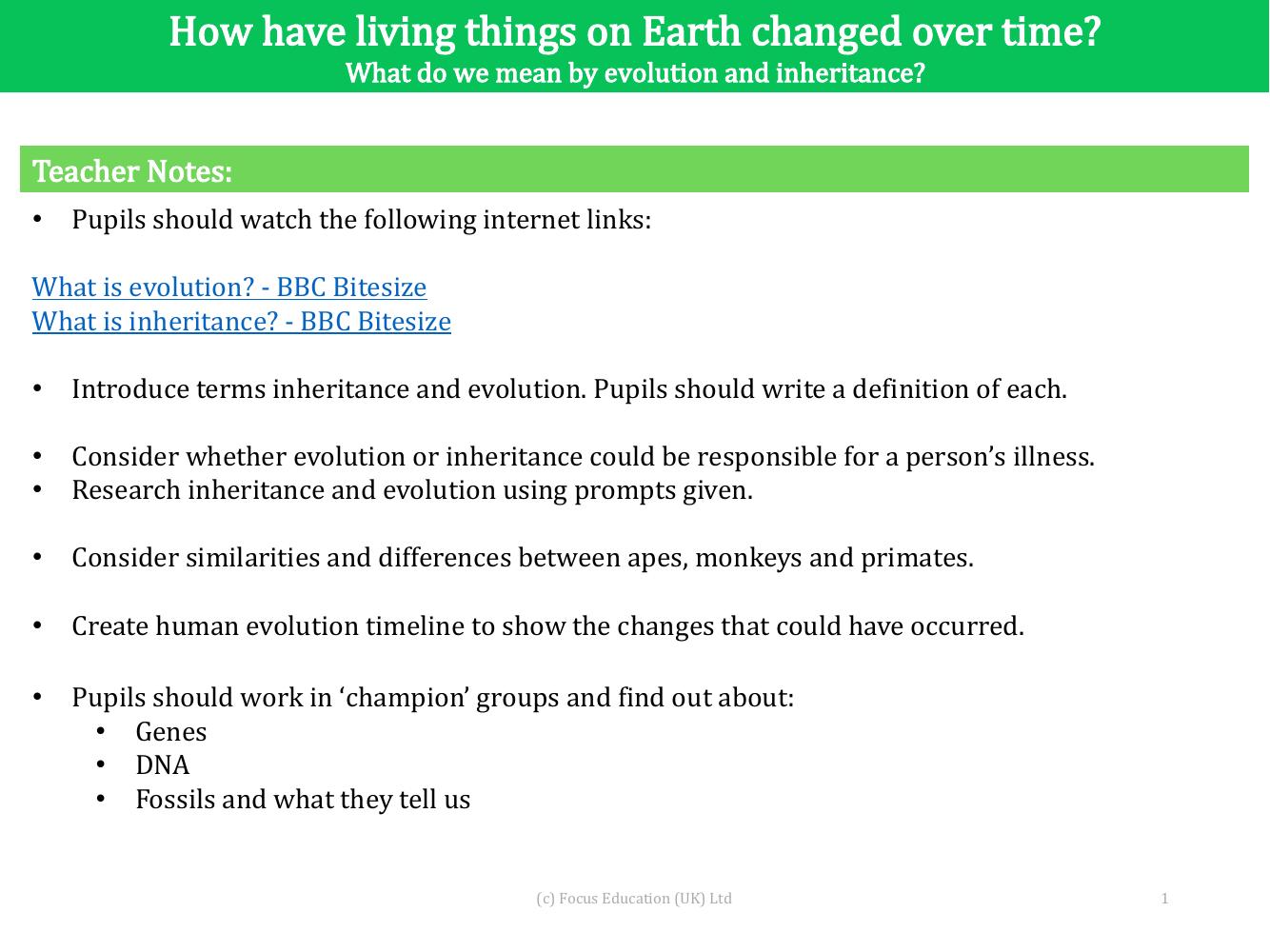 What do we mean by evolution and inheritance - teacher's notes