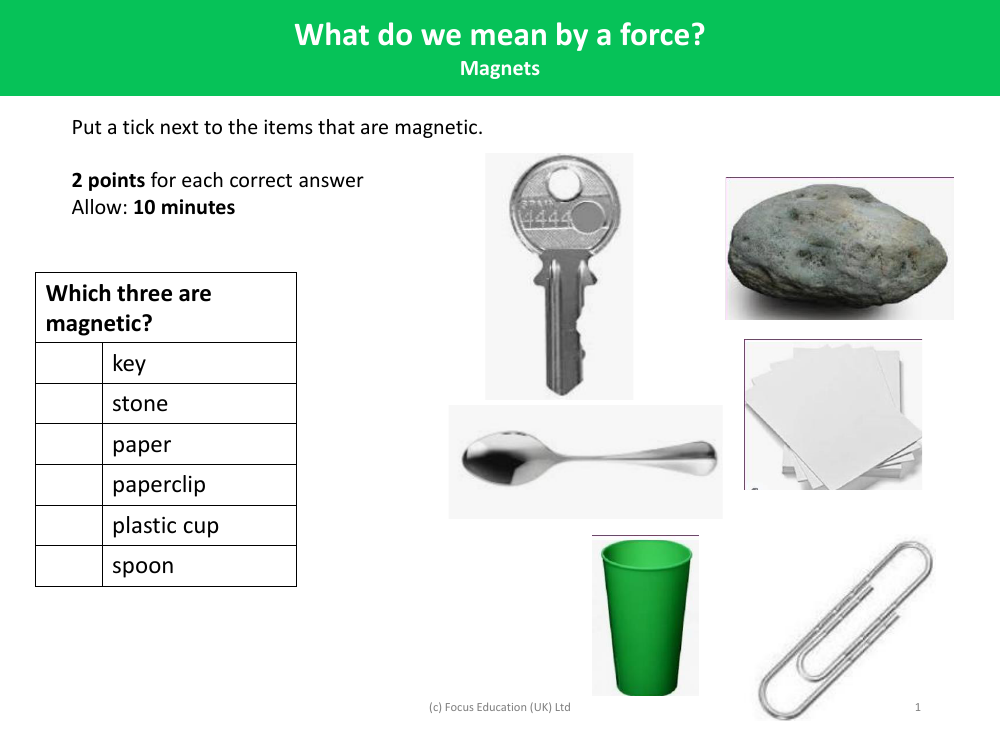 Which 3 are magnetic? - Worksheet - Magnets and Forces - Year 3