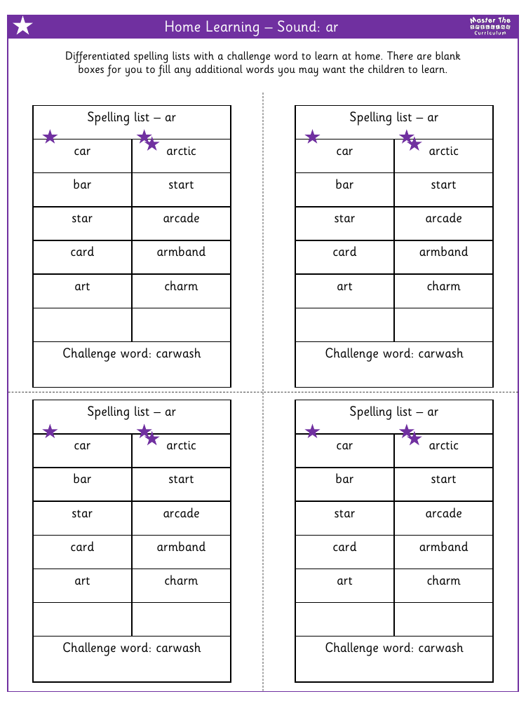 Spelling - Home learning - Sound ar