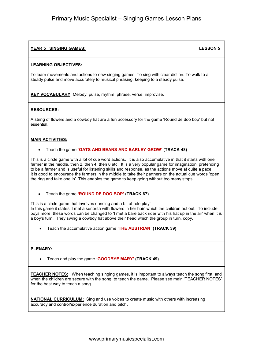 Singing Games Lesson Plan - Year 5 Lesson 5