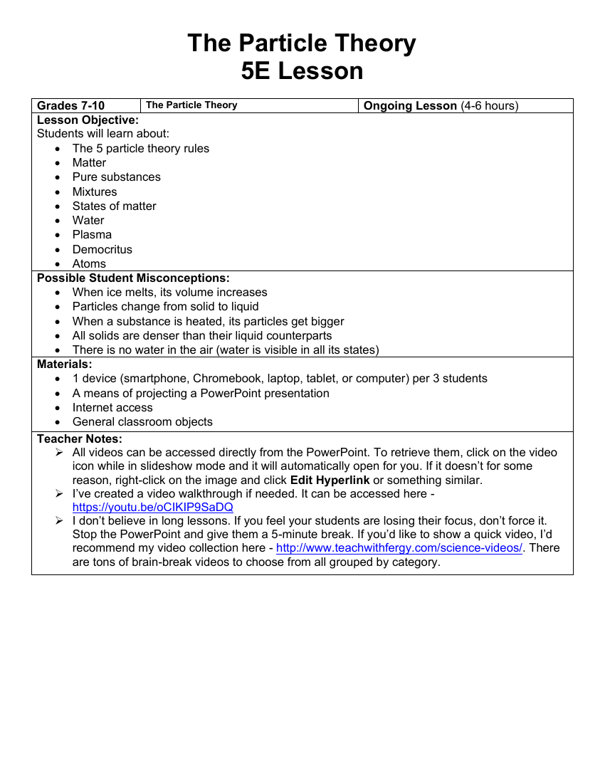 The Particle Theory - Teaching Timeline