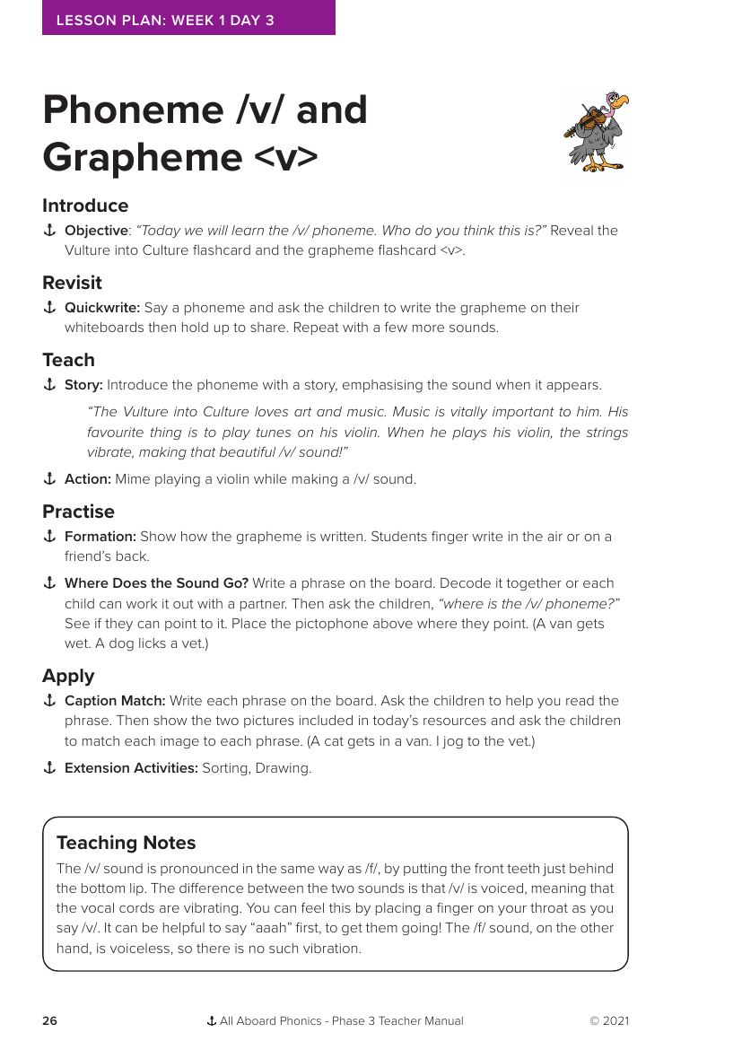 Week 1, lesson 3 Phoneme "v" and Grapheme "v" - Phonics Phase 3 - Lesson plan