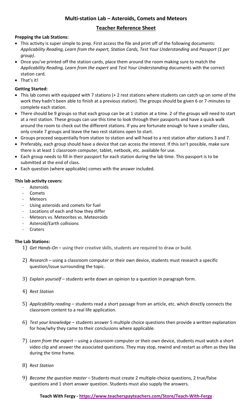 Asteroids, Comets and Meteors - Activity Instructions