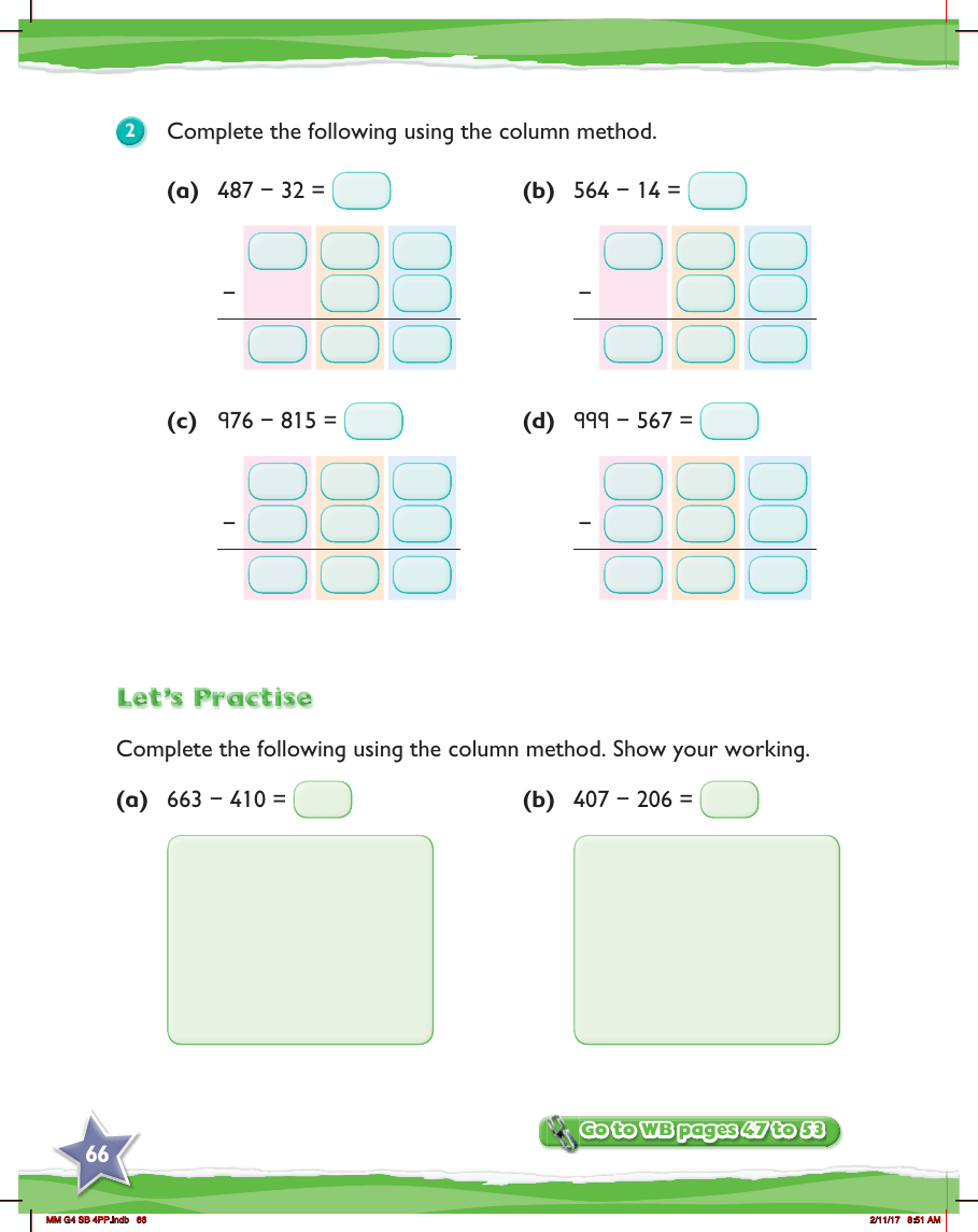 Max Maths, Year 4, Try it, Subtracting 2- and 3-digit numbers using counting blocks and column method (2)