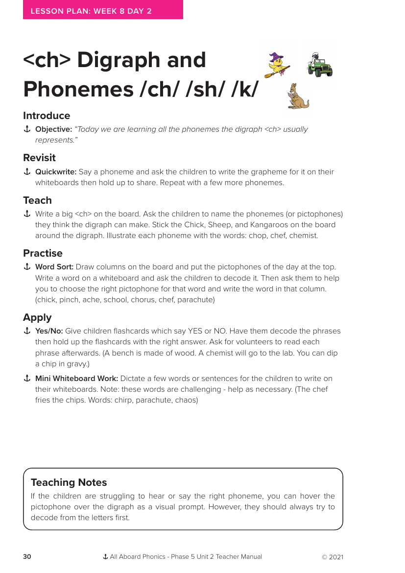 Week 8, lesson 2 "ch" Digraph and Phonemes "ch,sh,k" - Phonics Phase 5, unit 2 - Lesson plan
