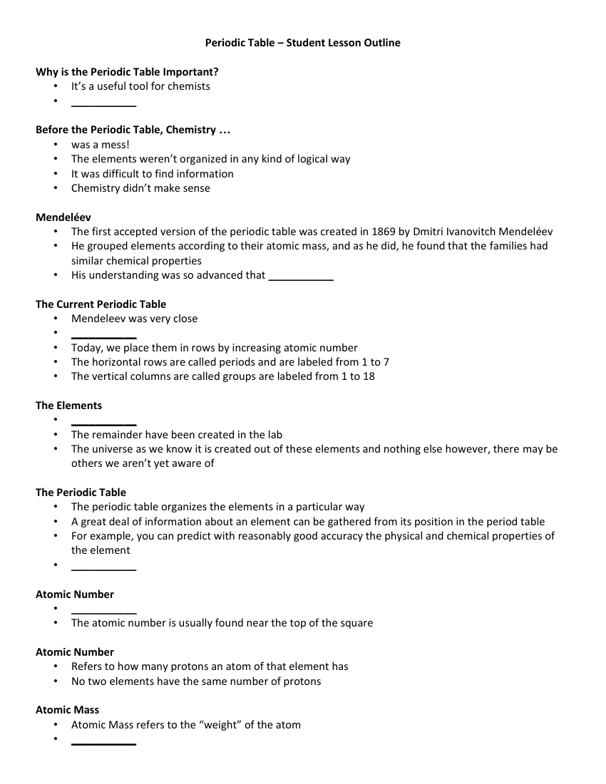 The Periodic Table - Student Lesson Outline