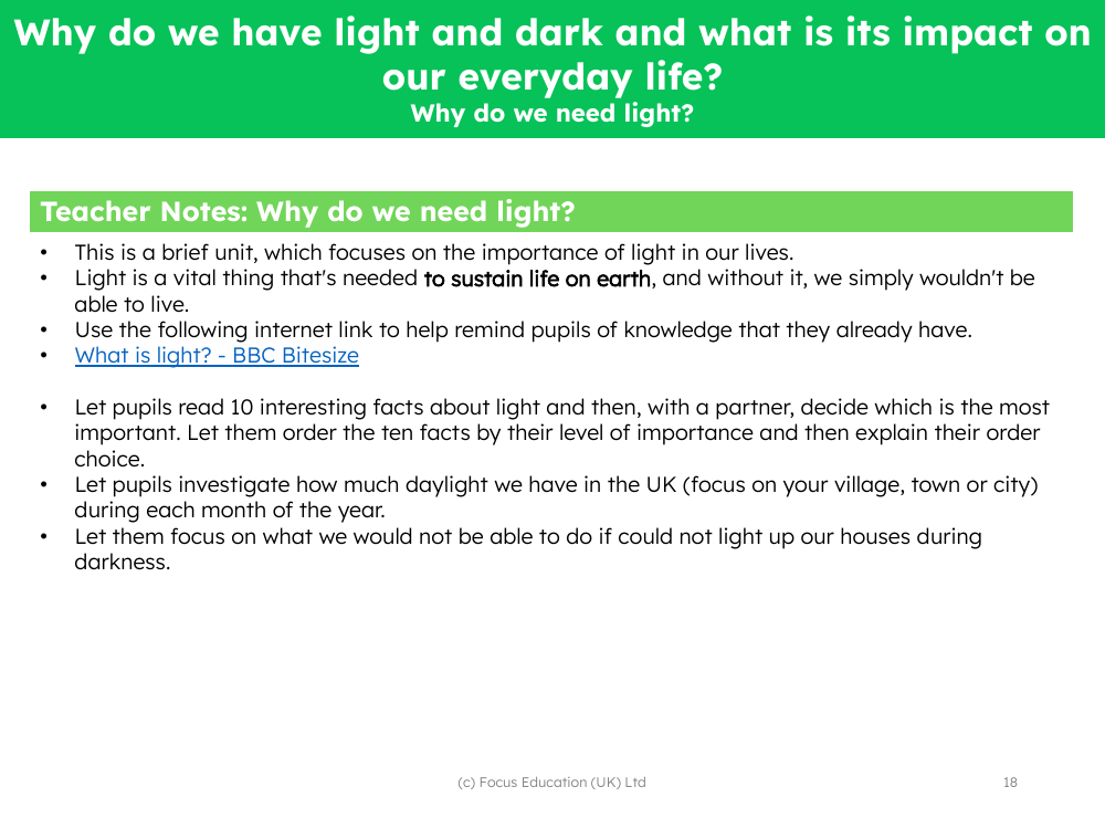 Why do we need light? - Teacher notes