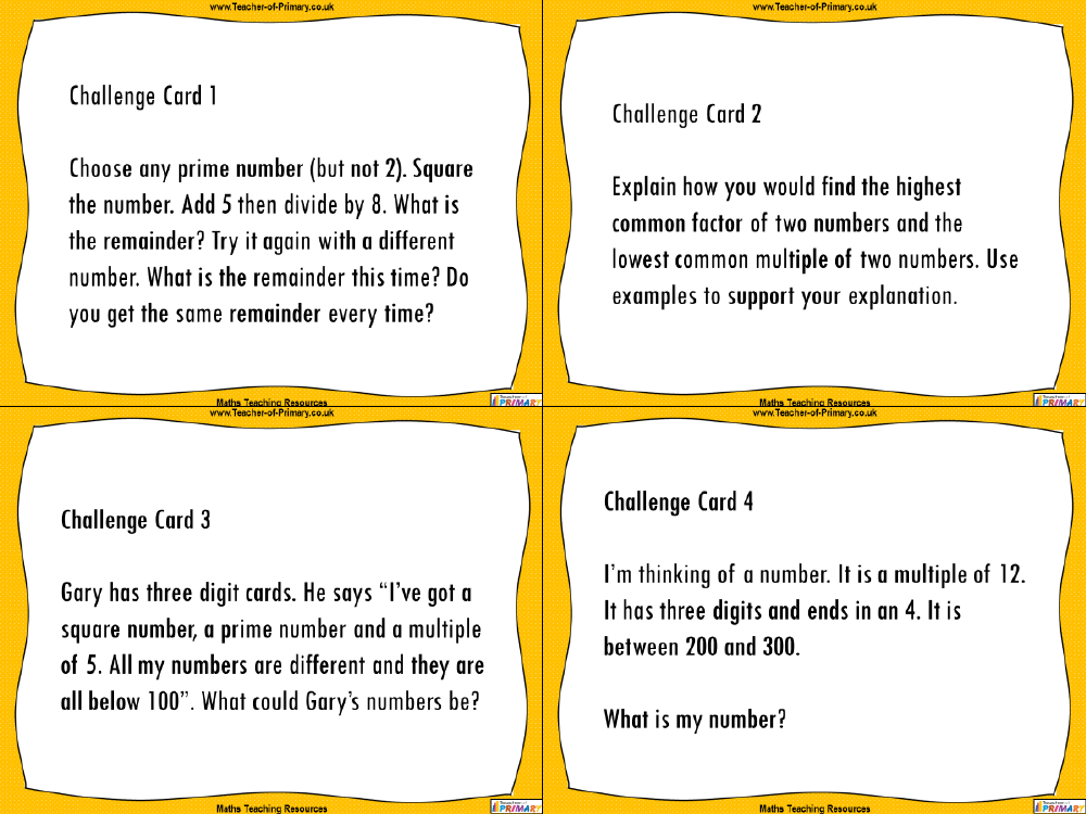 Factors, Multiples, Primes, Squares and Cubes Challenge Cards - Worksheet