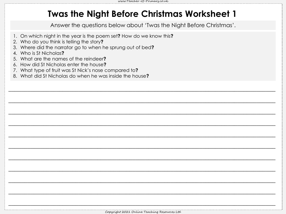 Twas the Night Before Christmas - Lesson 1 - Worksheets