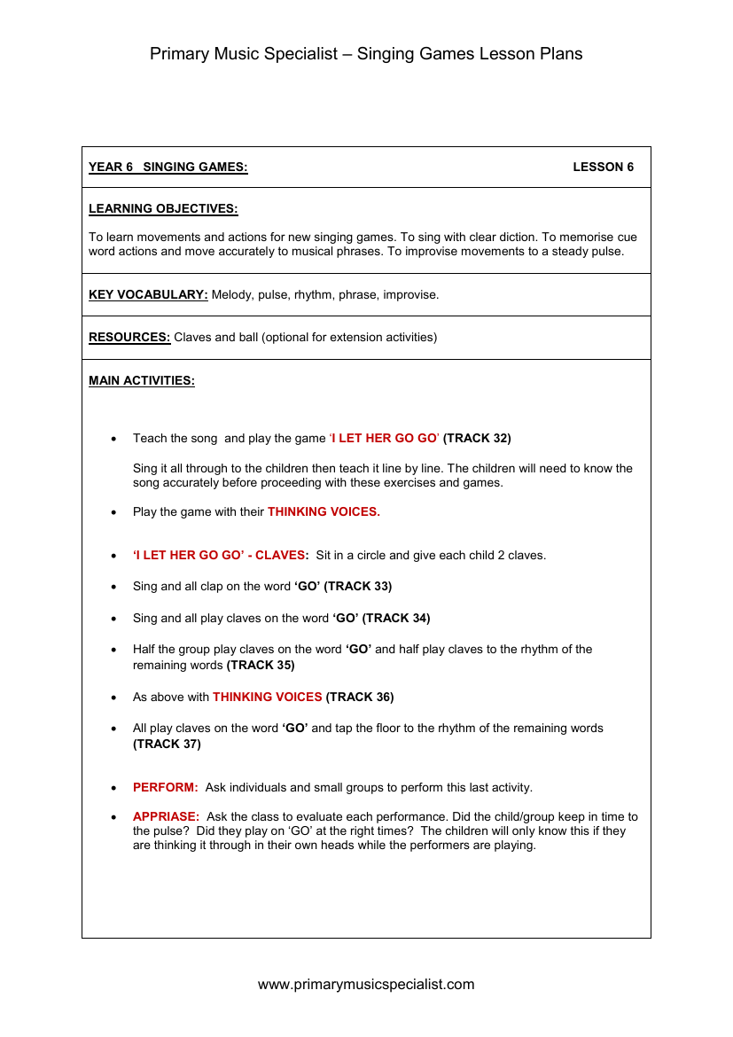 Singing Games Lesson Plan - Year 6 Lesson 6
