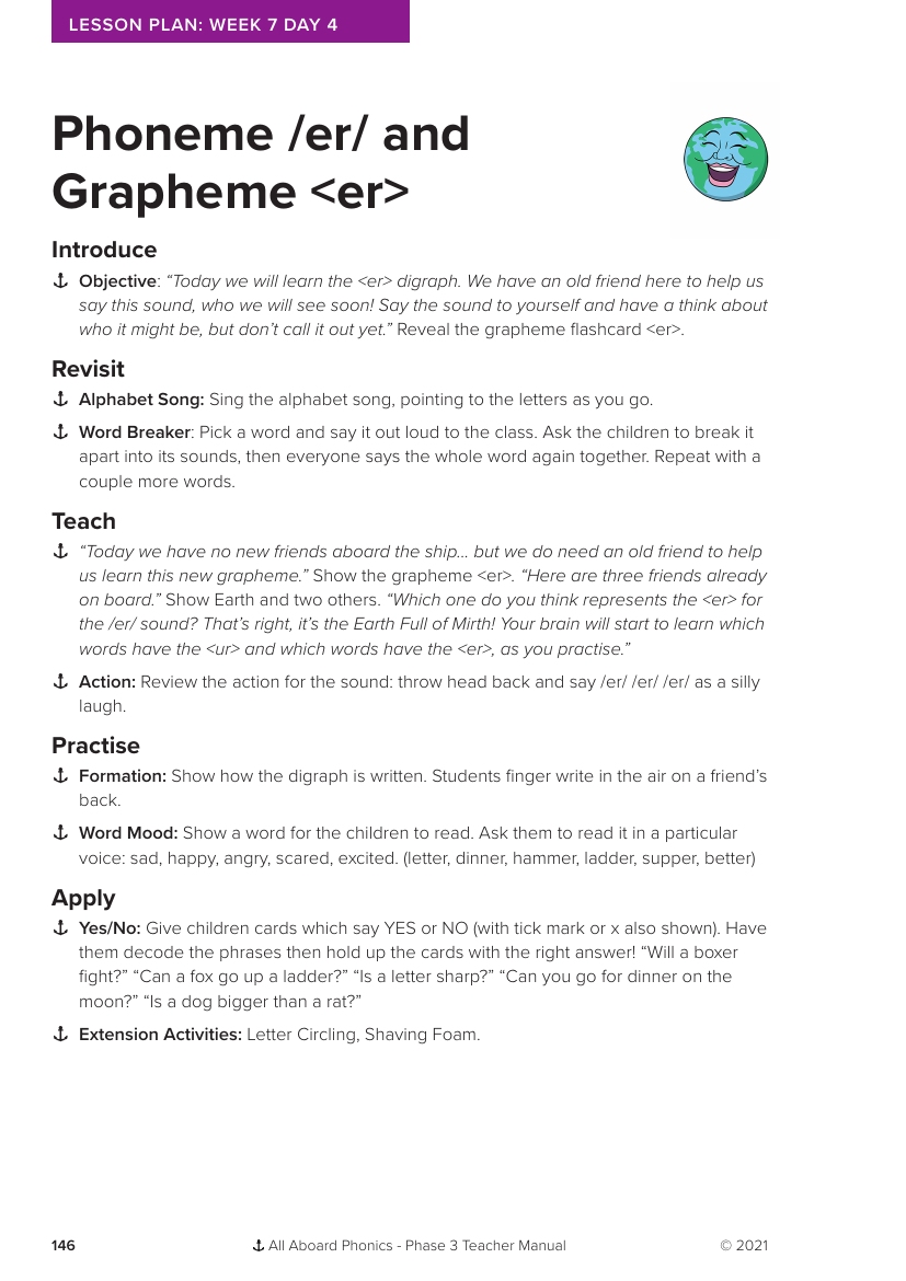 Week 7, lesson 4 Phoneme "er" and Grapheme "er" -  Phonics Phase 3 - Lesson plan